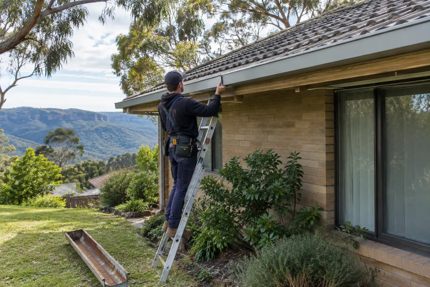 Roofer fitting a new Colorbond quad gutter along the timber fascia of a tiled Blue Mountains house, with an old rusted gutter section on the lawn and eucalypts overhead