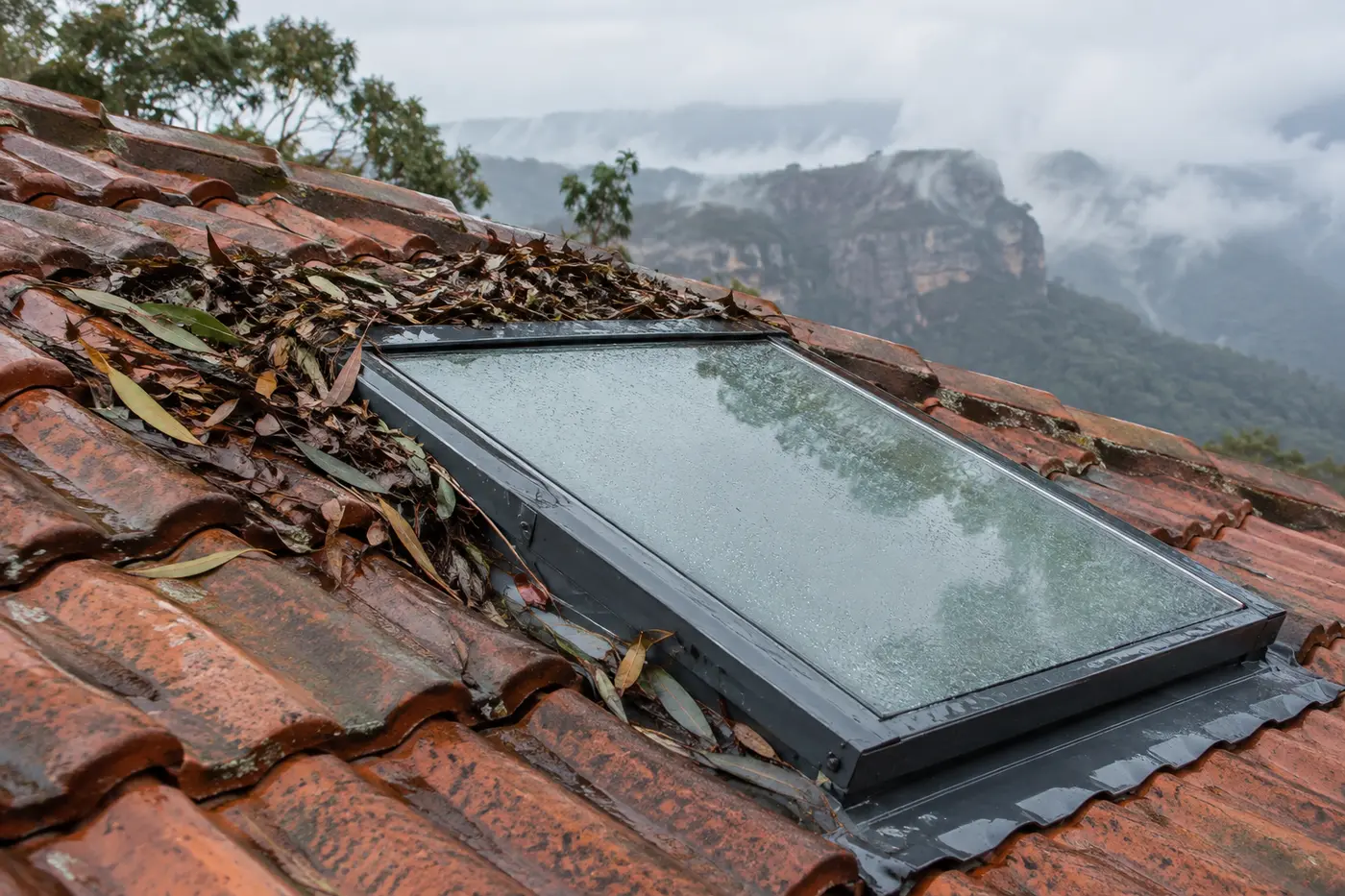 A glass skylight in a weathered terracotta tile roof with wet gum leaves piled against the flashing on its uphill side