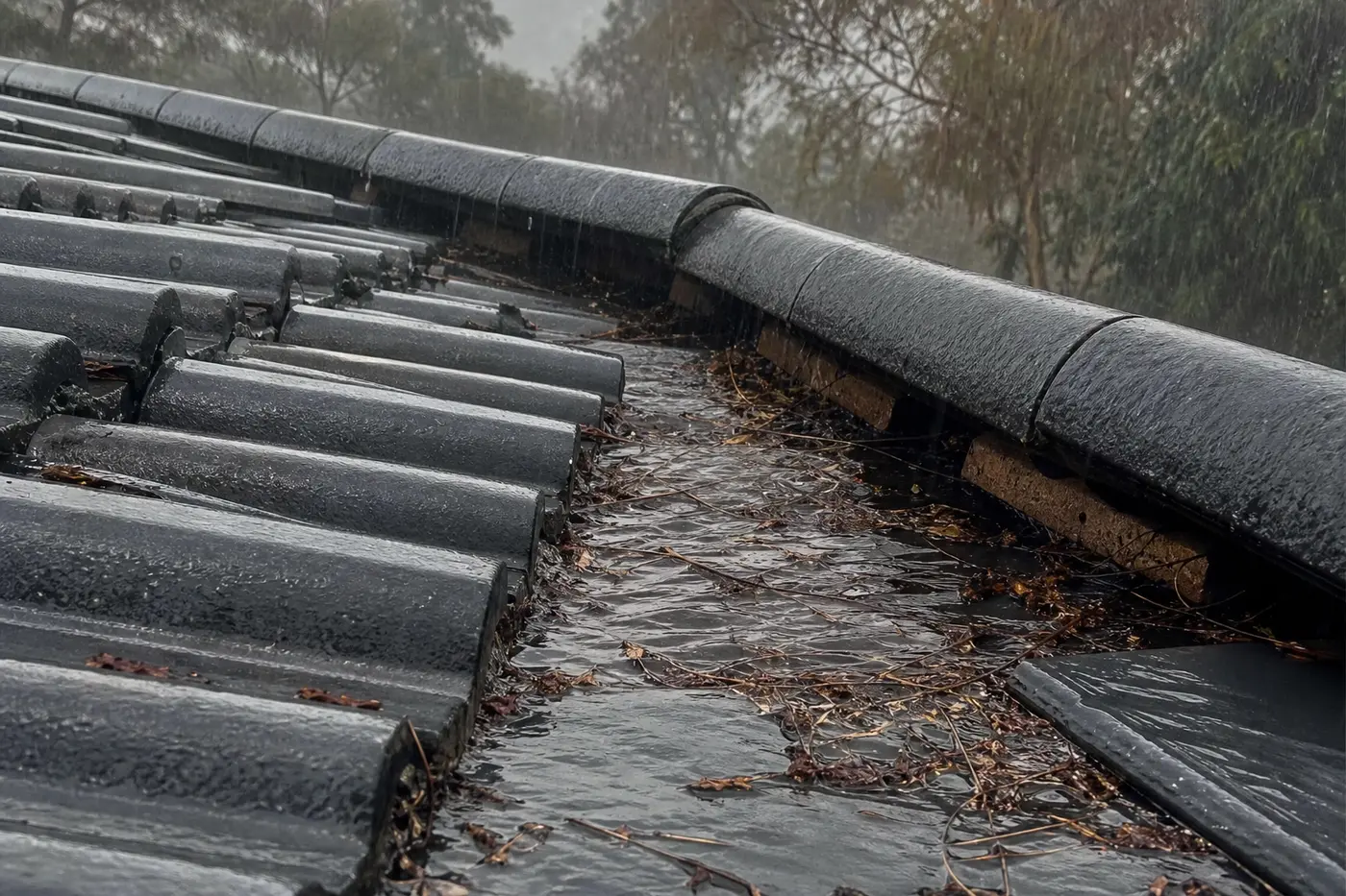 Rain sheeting down a tiled Blue Mountains roof, water pooling against leaf litter in the valley and a lifted ridge cap