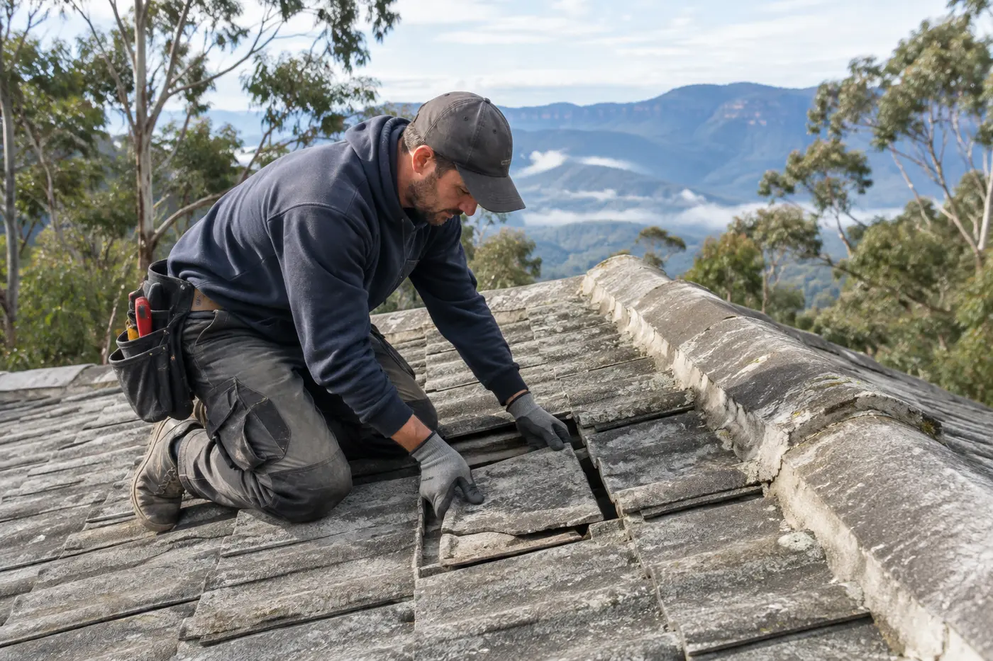 Roofer replacing a cracked concrete tile on a weathered Blue Mountains tile roof, with eucalypts behind