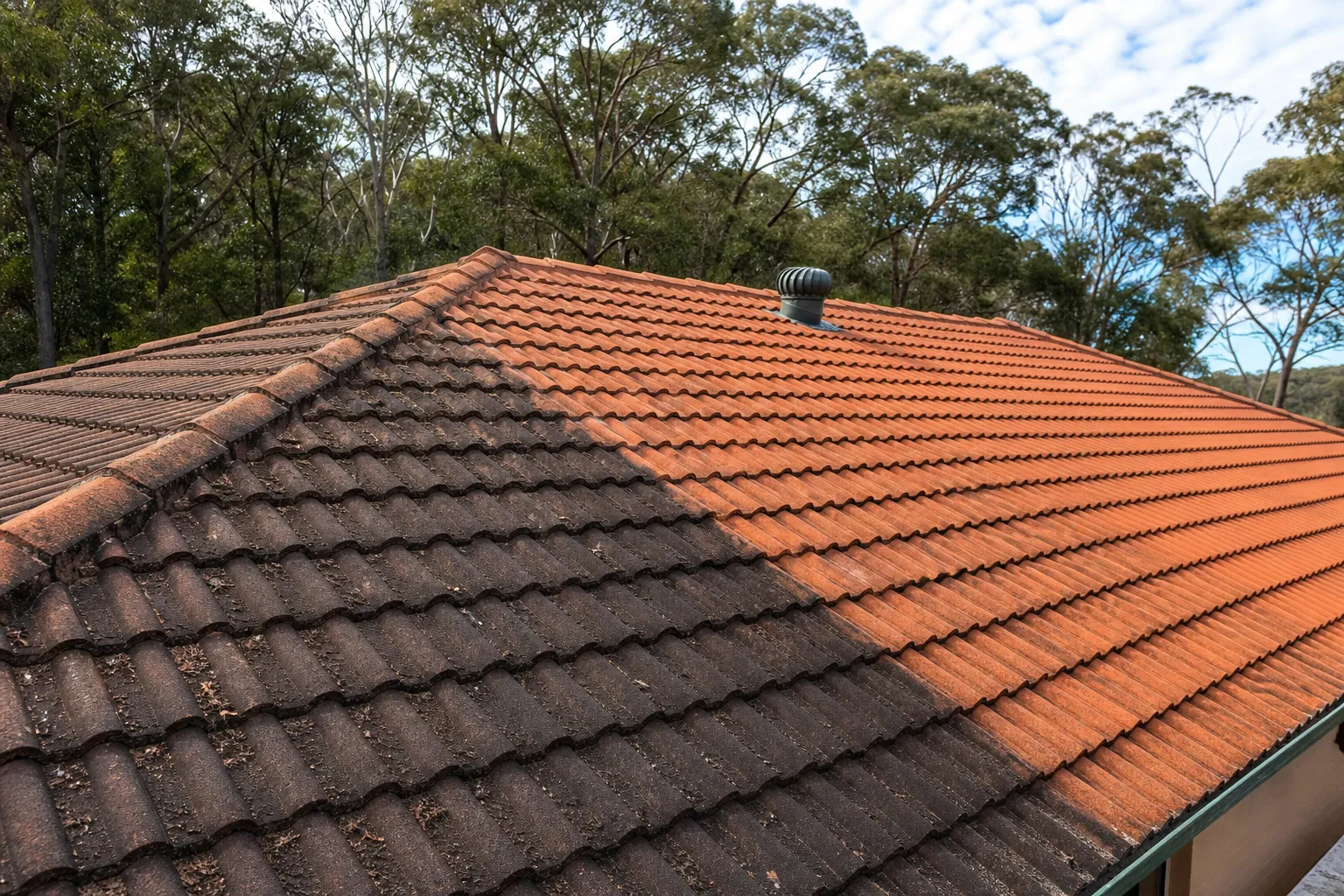 Blue Mountains tile roof part-way through a restoration, one side cleaned and one side still weathered