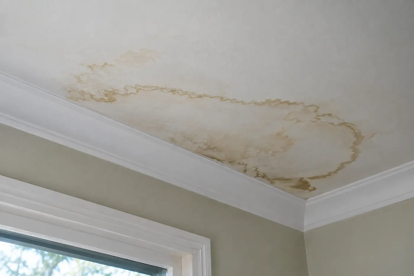 A brown water stain ring spreading across a white plasterboard ceiling near the cornice of a Blue Mountains home