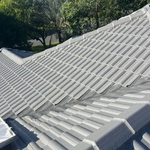 Clean restored light grey concrete tile roof after high-pressure cleaning and recoating — Blue Mountains